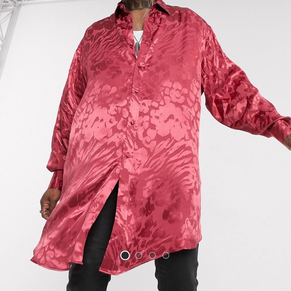 ASOS DESIGN super oversized satin jacquard shirt in red in longline